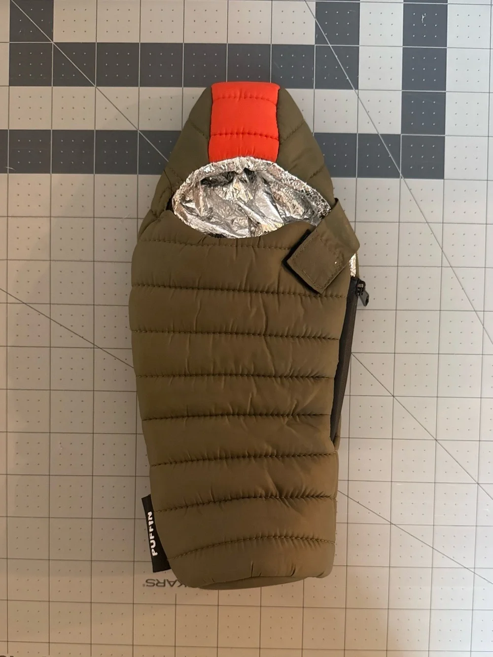 Puffin Drinkware Insulated Olive Green and Orange Puffer Sleep Bag for Bottle